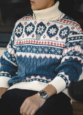 Maden Men Turtlenecks Snowflake Sweater Winter Thick Patchwork Harajuku Printed Faire Island Knit Pullovers Japan Retro Oversize